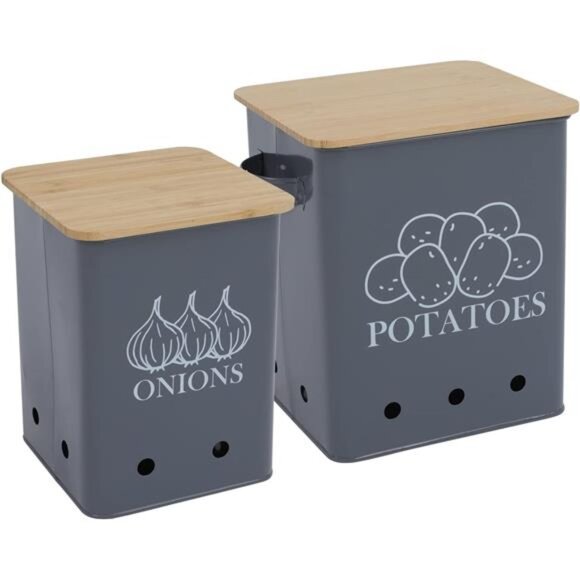 Kitchen Vegetable Storage Tins Set of 2 for Potatoes, Onion, with wooden lid - Picture 1 of 7
